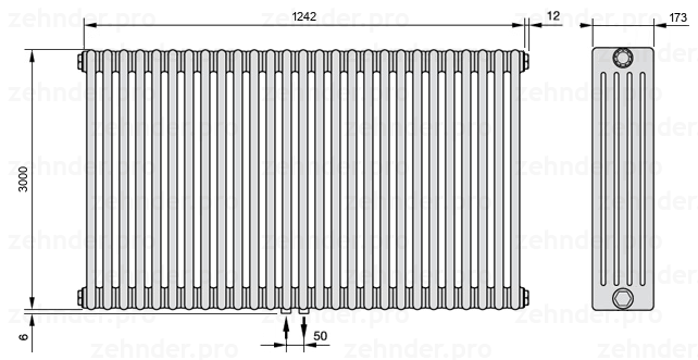 Схема (чертеж) Радиатор Zehnder Charleston 5300/27 №3470 Белый глянцевый RAL 9016